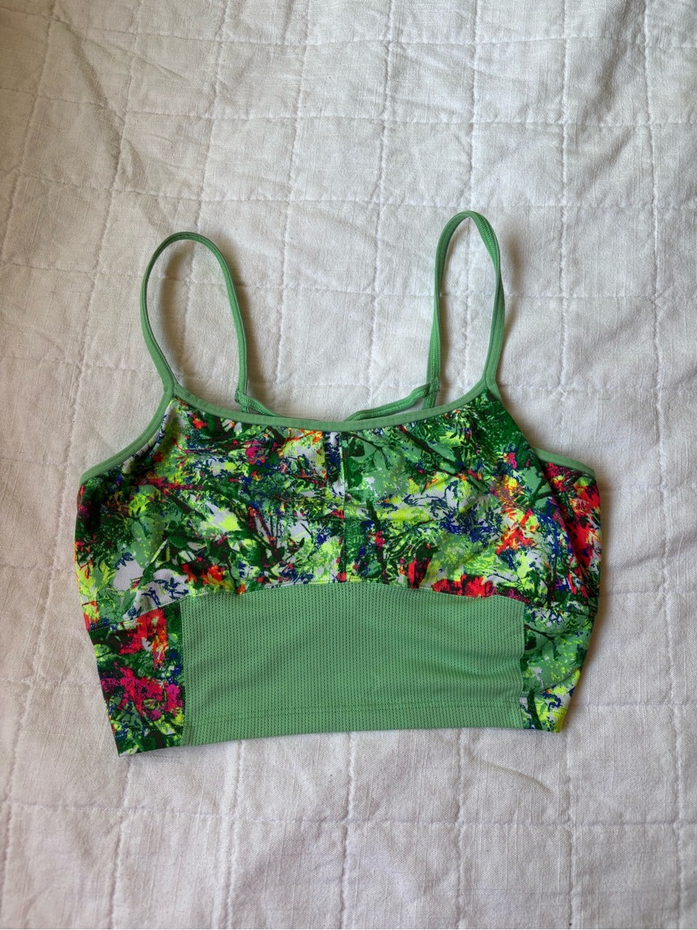 Athleta Floral Green Longline Sports Bra Double Layered Women’s LARGE